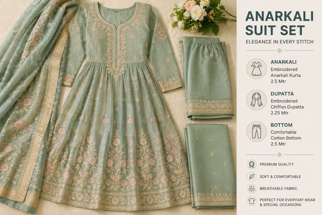 Anarkali Suit Set with Dupatta - Stitched