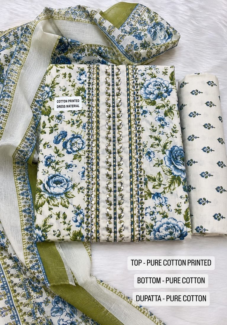Cotton Floral Print Dress Material - Unstitched 3 Piece
