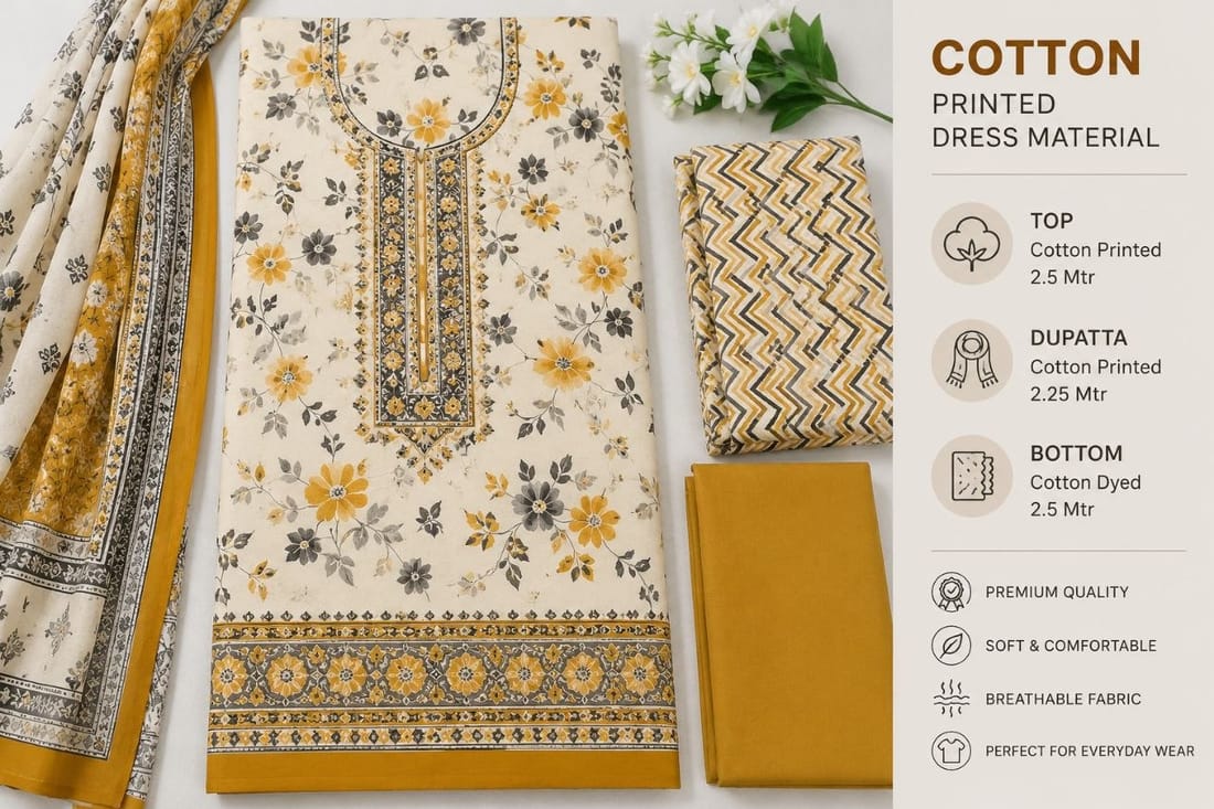 Cotton Printed Dress Material - Unstitched 3 Piece